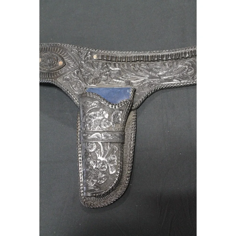 Vintage Tooled Leather Western Double Holster Belt Black Floral Carved Cowboy